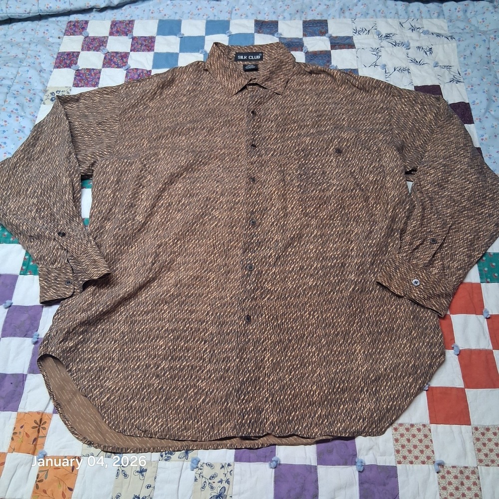 Vintage Silk Club Basket Weave Abstract Shirt Size‎ Large Brown Lightweight